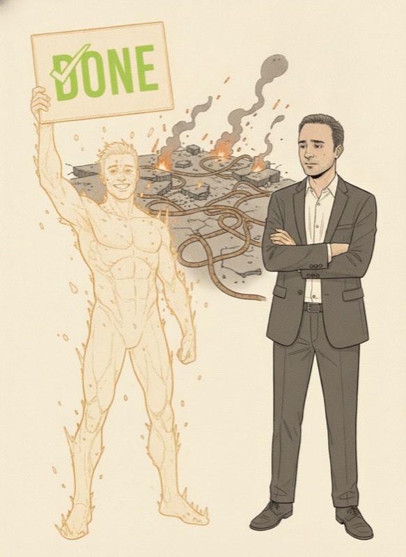 Claude proudly holds up a green DONE sign while the real work burns behind him; the Architect looks on, unconvinced