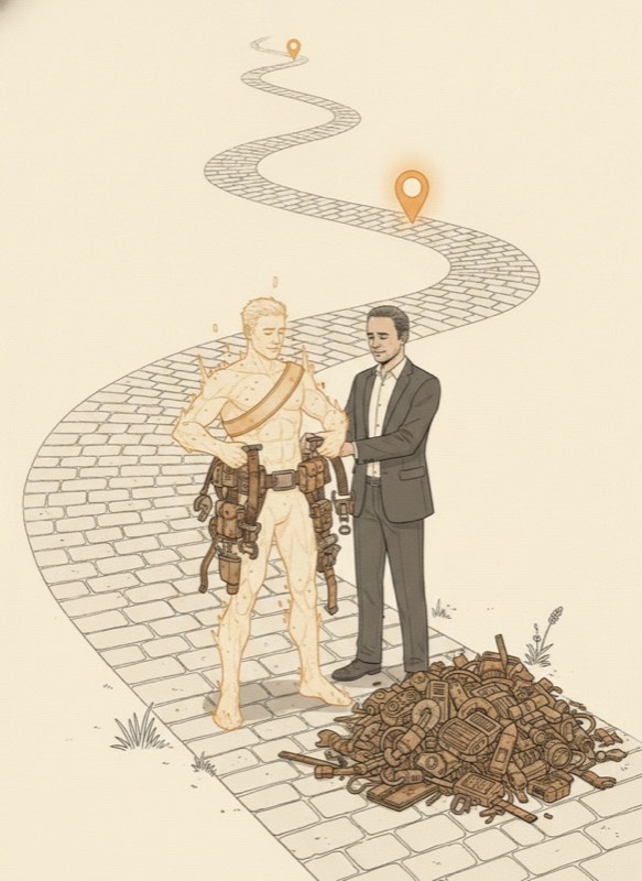 On a winding journey road marked with waypoint pins, Claude unclips an overloaded tool-belt into a roadside heap while the Architect helps; his first amber harness band shows