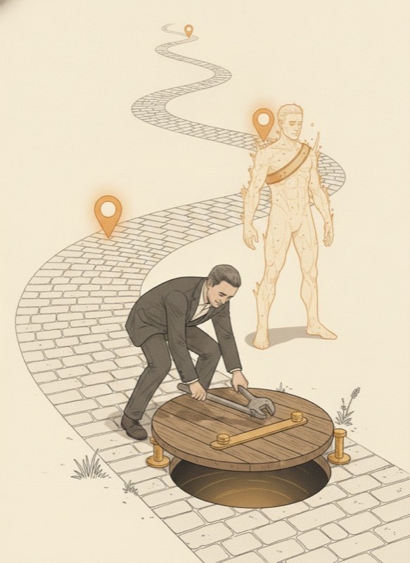 On the journey road, the Architect bolts a trapdoor shortcut shut with a wrench while a more-harnessed Claude stands on the honest path