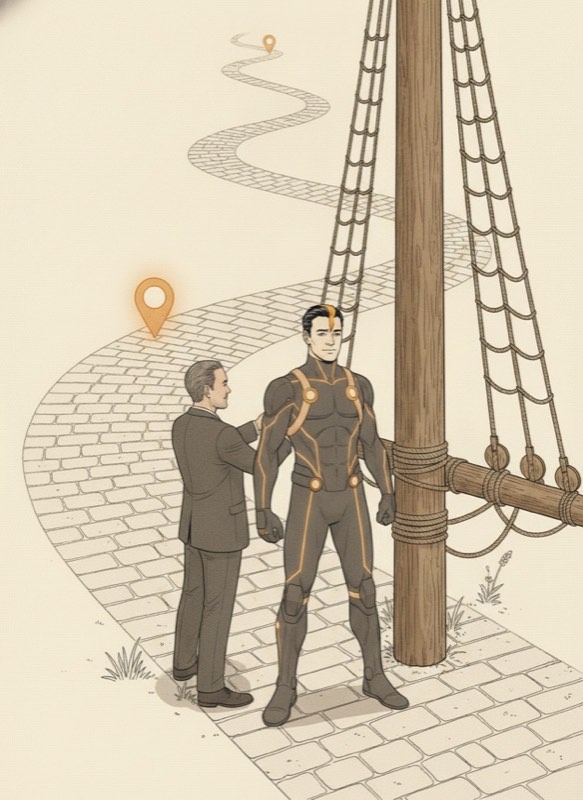 At a ship's mast beside the journey road, the Architect fits Claude into a full dark-and-amber engineered hero suit