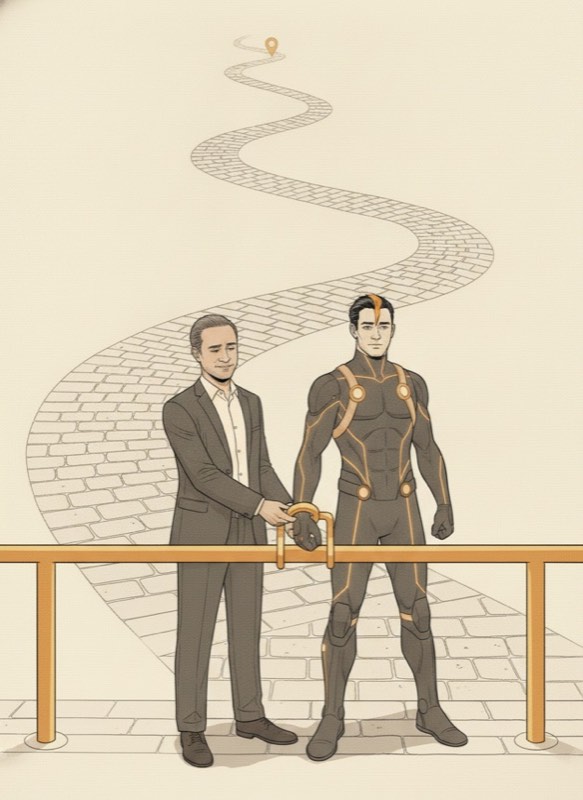 An amber guardrail across the journey road, one cuff locking both Claude's and the Architect's wrists to it
