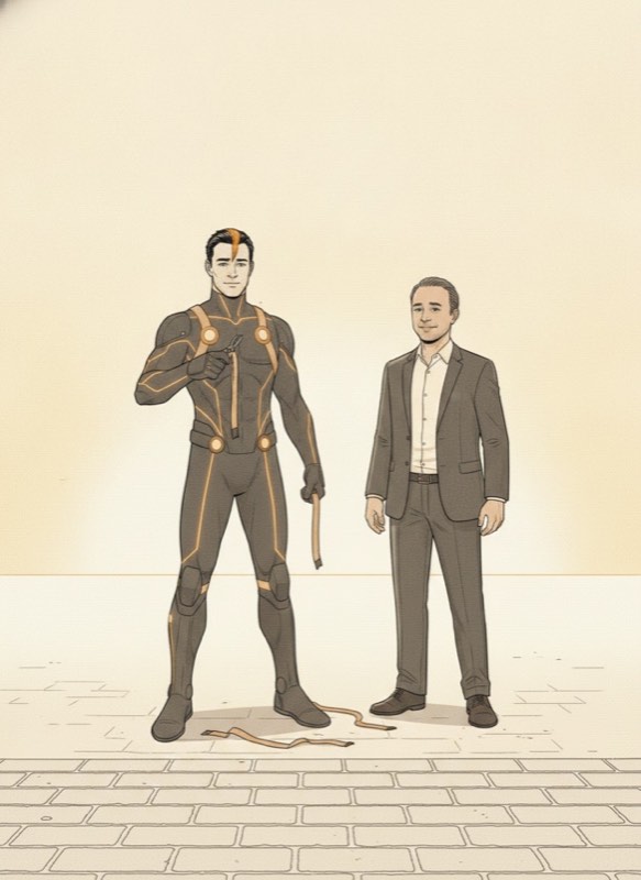 At the journey's end before a bright horizon, the full-hero Claude trims an unused strap off his own suit while the Architect watches with quiet pride
